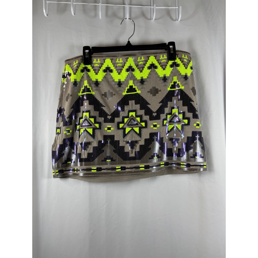 Express Sequin Mini Skirt Neon Yellow Purple Tribal Geometric Taupe Large